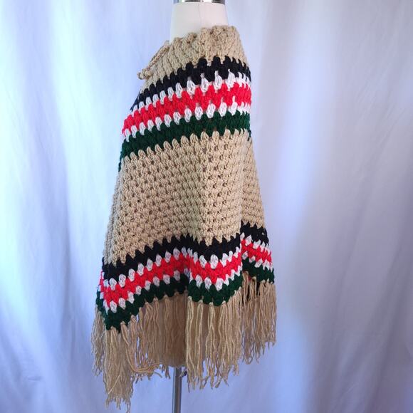 Handcrafted Brown Red Chevron Stripe Crochet Poncho Fringe Sweater Small/Medium - Picture 5 of 6